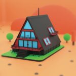 a house with a red roof surrounded by trees